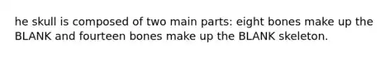 he skull is composed of two main parts: eight bones make up the BLANK and fourteen bones make up the BLANK skeleton.