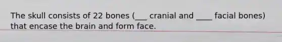 The skull consists of 22 bones (___ cranial and ____ facial bones) that encase the brain and form face.