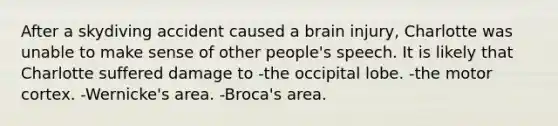 After a skydiving accident caused a brain injury, Charlotte was unable to make sense of other people's speech. It is likely that Charlotte suffered damage to -the occipital lobe. -the motor cortex. -Wernicke's area. -Broca's area.