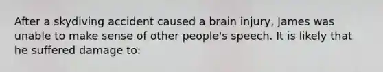 After a skydiving accident caused a brain injury, James was unable to make sense of other people's speech. It is likely that he suffered damage to: