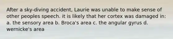 After a sky-diving accident, Laurie was unable to make sense of other peoples speech. it is likely that her cortex was damaged in: a. the sensory area b. Broca's area c. the angular gyrus d. wernicke's area