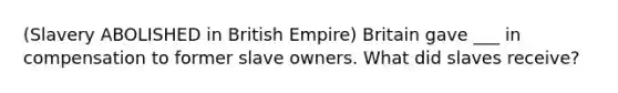 (Slavery ABOLISHED in British Empire) Britain gave ___ in compensation to former slave owners. What did slaves receive?