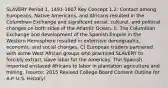 SLAVERY Period 1, 1491-1607 Key Concept 1.2: Contact among Europeans, Native Americans, and Africans resulted in the Columbian Exchange and significant social, cultural, and political changes on both sides of the Atlantic Ocean. II. The Columbian Exchange and development of the Spanish Empire in the Western Hemisphere resulted in extensive demographic, economic, and social changes. C) European traders partnered with some West African groups who practiced SLAVERY to forcibly extract slave labor for the Americas. The Spanish imported enslaved Africans to labor in plantation agriculture and mining. (source: 2015 Revised College Board Content Outline for A.P. U.S. History)