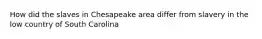 How did the slaves in Chesapeake area differ from slavery in the low country of South Carolina