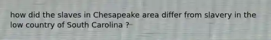 how did the slaves in Chesapeake area differ from slavery in the low country of South Carolina ?