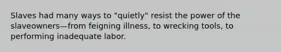 Slaves had many ways to "quietly" resist the power of the slaveowners—from feigning illness, to wrecking tools, to performing inadequate labor.