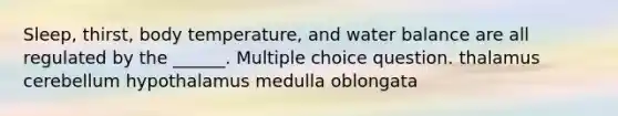 Sleep, thirst, body temperature, and water balance are all regulated by the ______. Multiple choice question. thalamus cerebellum hypothalamus medulla oblongata