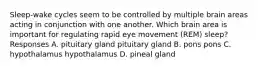 Sleep-wake cycles seem to be controlled by multiple brain areas acting in conjunction with one another. Which brain area is important for regulating rapid eye movement (REM) sleep? Responses A. pituitary gland pituitary gland B. pons pons C. hypothalamus hypothalamus D. pineal gland