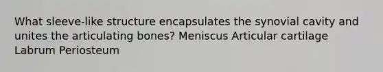 What sleeve-like structure encapsulates the synovial cavity and unites the articulating bones? Meniscus Articular cartilage Labrum Periosteum