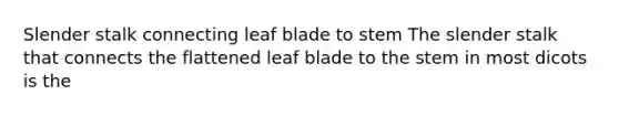 Slender stalk connecting leaf blade to stem The slender stalk that connects the flattened leaf blade to the stem in most dicots is the