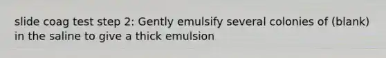 slide coag test step 2: Gently emulsify several colonies of (blank) in the saline to give a thick emulsion