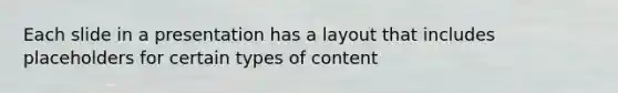 Each slide in a presentation has a layout that includes placeholders for certain types of content