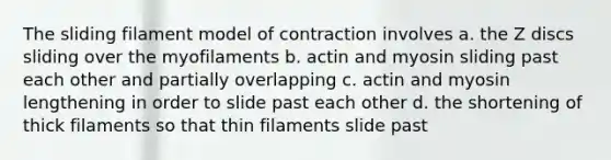 The sliding filament model of contraction involves a. the Z discs sliding over the myofilaments b. actin and myosin sliding past each other and partially overlapping c. actin and myosin lengthening in order to slide past each other d. the shortening of thick filaments so that thin filaments slide past