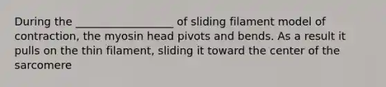 During the __________________ of sliding filament model of contraction, the myosin head pivots and bends. As a result it pulls on the thin filament, sliding it toward the center of the sarcomere