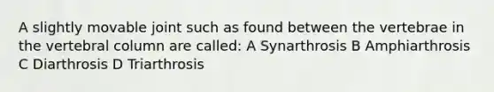 A slightly movable joint such as found between the vertebrae in the <a href='https://www.questionai.com/knowledge/ki4fsP39zf-vertebral-column' class='anchor-knowledge'>vertebral column</a> are called: A Synarthrosis B Amphiarthrosis C Diarthrosis D Triarthrosis