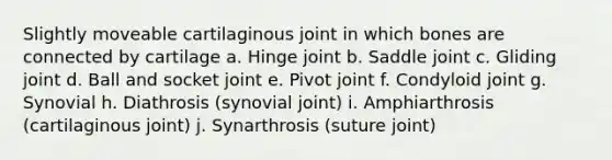 Slightly moveable cartilaginous joint in which bones are connected by cartilage a. Hinge joint b. Saddle joint c. Gliding joint d. Ball and socket joint e. Pivot joint f. Condyloid joint g. Synovial h. Diathrosis (synovial joint) i. Amphiarthrosis (cartilaginous joint) j. Synarthrosis (suture joint)