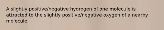 A slightly positive/negative hydrogen of one molecule is attracted to the slightly positive/negative oxygen of a nearby molecule.