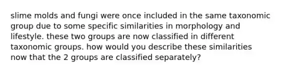 <a href='https://www.questionai.com/knowledge/kHvmUbfxIK-slime-molds' class='anchor-knowledge'>slime molds</a> and fungi were once included in the same taxonomic group due to some specific similarities in morphology and lifestyle. these two groups are now classified in different taxonomic groups. how would you describe these similarities now that the 2 groups are classified separately?
