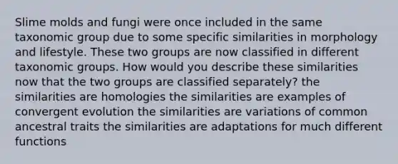 Slime molds and fungi were once included in the same taxonomic group due to some specific similarities in morphology and lifestyle. These two groups are now classified in different taxonomic groups. How would you describe these similarities now that the two groups are classified separately? the similarities are homologies the similarities are examples of convergent evolution the similarities are variations of common ancestral traits the similarities are adaptations for much different functions