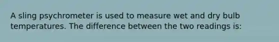 A sling psychrometer is used to measure wet and dry bulb temperatures. The difference between the two readings is: