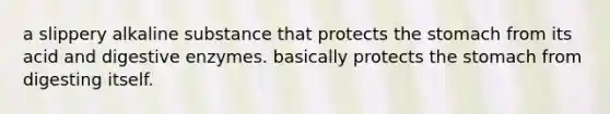 a slippery alkaline substance that protects <a href='https://www.questionai.com/knowledge/kLccSGjkt8-the-stomach' class='anchor-knowledge'>the stomach</a> from its acid and <a href='https://www.questionai.com/knowledge/kK14poSlmL-digestive-enzymes' class='anchor-knowledge'>digestive enzymes</a>. basically protects the stomach from digesting itself.