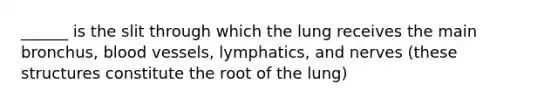 ______ is the slit through which the lung receives the main bronchus, blood vessels, lymphatics, and nerves (these structures constitute the root of the lung)