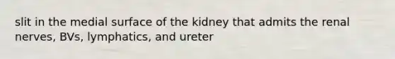 slit in the medial surface of the kidney that admits the renal nerves, BVs, lymphatics, and ureter