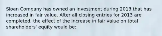 Sloan Company has owned an investment during 2013 that has increased in fair value. After all closing entries for 2013 are completed, the effect of the increase in fair value on total shareholders' equity would be: