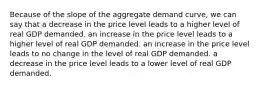 Because of the slope of the aggregate demand curve, we can say that a decrease in the price level leads to a higher level of real GDP demanded. an increase in the price level leads to a higher level of real GDP demanded. an increase in the price level leads to no change in the level of real GDP demanded. a decrease in the price level leads to a lower level of real GDP demanded.