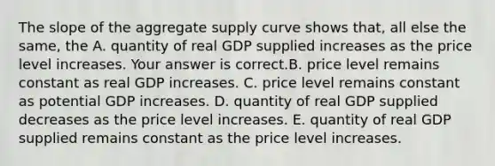 The slope of the aggregate supply curve shows​ that, all else the​ same, the A. quantity of real GDP supplied increases as the price level increases. Your answer is correct.B. price level remains constant as real GDP increases. C. price level remains constant as potential GDP increases. D. quantity of real GDP supplied decreases as the price level increases. E. quantity of real GDP supplied remains constant as the price level increases.