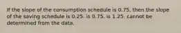 If the slope of the consumption schedule is 0.75, then the slope of the saving schedule is 0.25. is 0.75. is 1.25. cannot be determined from the data.