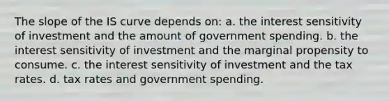 The slope of the IS curve depends on: a. the interest sensitivity of investment and the amount of government spending. b. the interest sensitivity of investment and the marginal propensity to consume. c. the interest sensitivity of investment and the tax rates. d. tax rates and government spending.