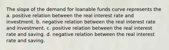 The slope of the demand for loanable funds curve represents the a. positive relation between the real interest rate and investment. b. negative relation between the real interest rate and investment. c. positive relation between the real interest rate and saving. d. negative relation between the real interest rate and saving.