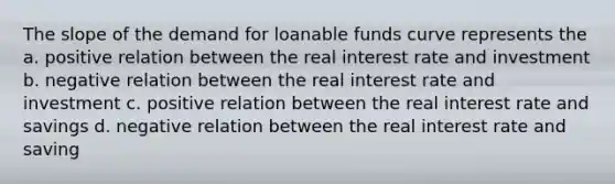 The slope of the demand for loanable funds curve represents the a. positive relation between the real interest rate and investment b. negative relation between the real interest rate and investment c. positive relation between the real interest rate and savings d. negative relation between the real interest rate and saving