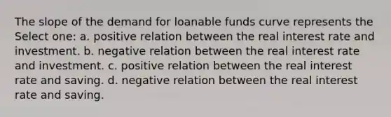 The slope of the demand for loanable funds curve represents the Select one: a. positive relation between the real interest rate and investment. b. negative relation between the real interest rate and investment. c. positive relation between the real interest rate and saving. d. negative relation between the real interest rate and saving.