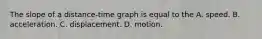 The slope of a distance-time graph is equal to the A. speed. B. acceleration. C. displacement. D. motion.