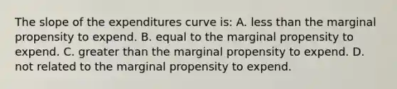 The slope of the expenditures curve is: A. less than the marginal propensity to expend. B. equal to the marginal propensity to expend. C. greater than the marginal propensity to expend. D. not related to the marginal propensity to expend.