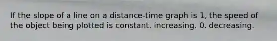 If the slope of a line on a distance-time graph is 1, the speed of the object being plotted is constant. increasing. 0. decreasing.