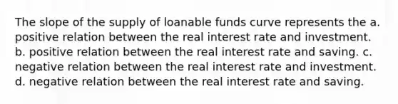 The slope of the supply of loanable funds curve represents the a. positive relation between the real interest rate and investment. b. positive relation between the real interest rate and saving. c. negative relation between the real interest rate and investment. d. negative relation between the real interest rate and saving.