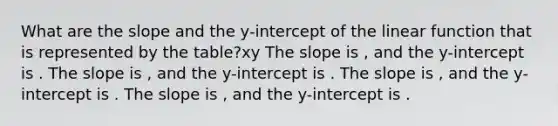 What are the slope and the y-intercept of the linear function that is represented by the table?xy The slope is , and the y-intercept is . The slope is , and the y-intercept is . The slope is , and the y-intercept is . The slope is , and the y-intercept is .