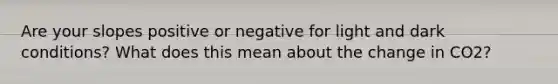 Are your slopes positive or negative for light and dark conditions? What does this mean about the change in CO2?