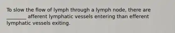 To slow the flow of lymph through a lymph node, there are ________ afferent lymphatic vessels entering than efferent lymphatic vessels exiting.