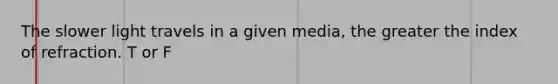 The slower light travels in a given media, the greater the index of refraction. T or F