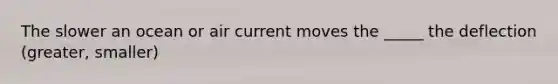 The slower an ocean or air current moves the _____ the deflection (greater, smaller)