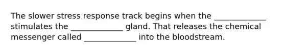 The slower stress response track begins when the _____________ stimulates the _____________ gland. That releases the chemical messenger called _____________ into the bloodstream.