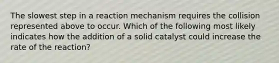 The slowest step in a reaction mechanism requires the collision represented above to occur. Which of the following most likely indicates how the addition of a solid catalyst could increase the rate of the reaction?