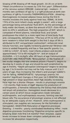 Slowing of RR Slowing of HR Head growth -33-35 cm at birth *Head circumference increases by 33% first year*. Differentiation of the nervous system IMMUNE: maternal IgG - newborn - 3 months own synthesis of IgG by 1 yr IgM produced at birth own synthesis of IgM by 9 months THERMOREGULATION - shivering - thermogenesis Increased adipose tissue during the first 6 months insulates the body against heat loss. RENAL: At birth, *75% of the term infant's body weight is water*, with a large percentage being extracellular fluid (ECF). As the percentage of body water decreases, so does the amount of ECF—from 40% at term to 20% in adulthood. The high proportion of ECF, which is composed of blood plasma, interstitial fluid, and lymph, predisposes the infant to a more rapid loss of total body fluid and, consequently, dehydration. *The loss of 5% to 10% of the term newborn's initial birth weight in the first 5 days of life is attributed to ECF compartment contraction*, enhanced renal tubular function, and rapidly increasing glomerular filtration rate Urine is voided frequently and has a *low specific gravity (i.e., 1.000 to 1.010)*. At term, most infants produce and excrete approximately *15 to 60 mL/kg/24 hr*, and an output of OLIGURIA: < 0.5 mL/kg/hr after 48 hours of age Communication AUDITORY AND PERCEPTION: *Binocularity*, or the fixation of two ocular images into one cerebral picture (*fusion*), begins to develop by 6 weeks of age and should be well established by age 4 months. *Depth perception (stereopsis)* begins to develop by age 7 to 9 months but may not be fully mature until 2 to 3 years of age, thus increasing the infant's and younger toddler's risk for falling. HEMATOPOIETIC: *physiologic anemia 3-6 months* Significant changes in first year 1st 5 MONTHS: fetal Hgb present in large quantities Adult Hgb steadily increasing, Fetal Hgb has a shorter lifespan - results in physiologic anemia ~3-6 months High levels of HgbF depress the production of erythropoietin, a hormone released by the kidney that stimulates red blood cell production. Hemoglobin levels decrease to a certain point at which tissue oxygenation needs stimulate erythropoietin, and erythropoiesis resumes, forming new red blood cells The occurrence of physiologic anemia is not affected by an adequate supply of iron. However, when erythropoiesis is stimulated, iron supplies are necessary for the formation of hemoglobin. DIGESTION Maturation of digestive processes Drooling - 3 months - poorly coordinated swallowing reflex - more digestive processes functioning *Digestive enzymes specific to breaking down milk first 5-6 months* Then Amylase, Lipase levels increase to break down complex carbohydrates and increase fat absorption respectively.