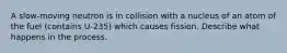 A slow-moving neutron is in collision with a nucleus of an atom of the fuel (contains U-235) which causes fission. Describe what happens in the process.