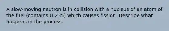 A slow-moving neutron is in collision with a nucleus of an atom of the fuel (contains U-235) which causes fission. Describe what happens in the process.