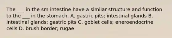 The ___ in the sm intestine have a similar structure and function to the ___ in the stomach. A. gastric pits; intestinal glands B. intestinal glands; gastric pits C. goblet cells; eneroendocrine cells D. brush border; rugae